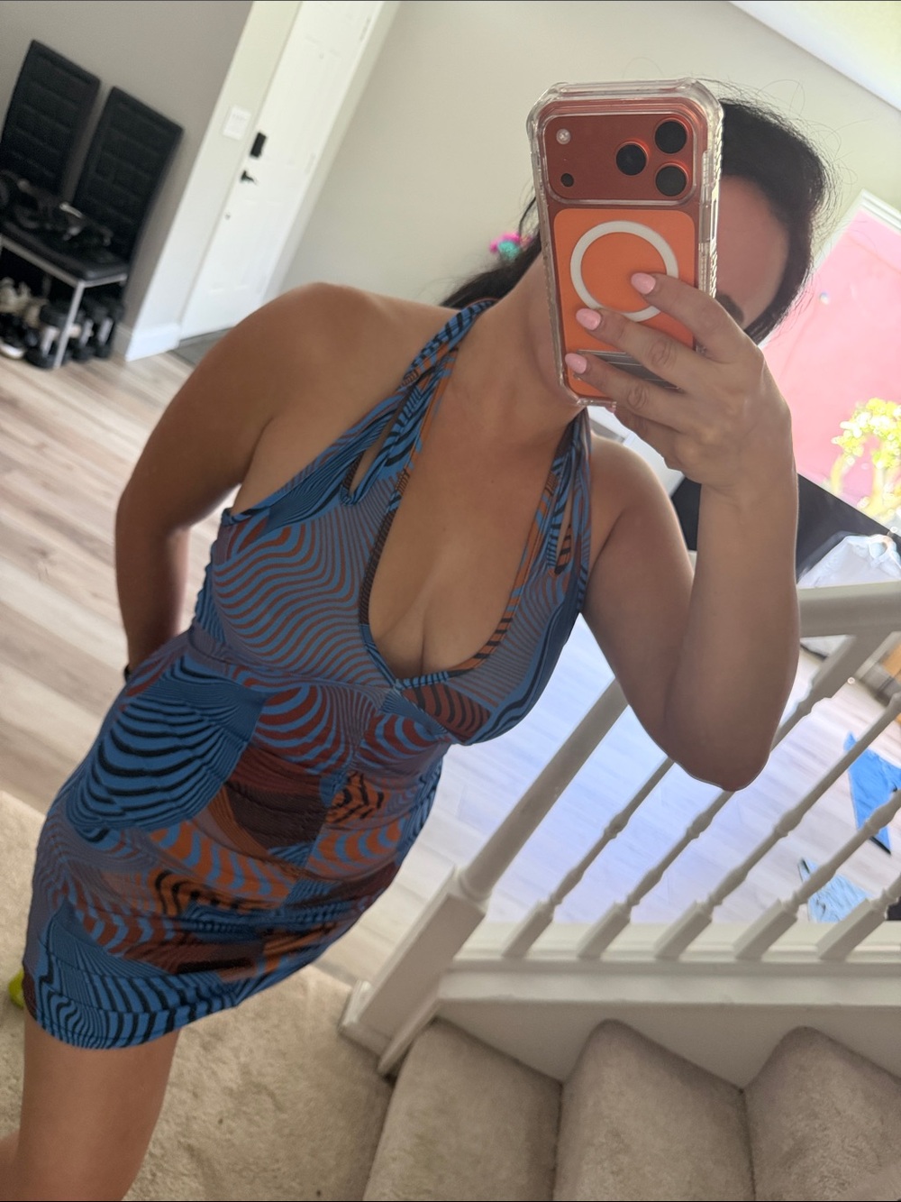 PrettyLittleThing Blue & Brown Halter Mini Dress